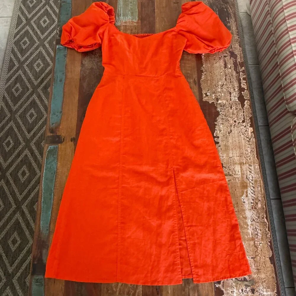 NWOT Banana Republic Orange Linen Blend Puffy Sleeve Side Slit Dress Size 2 - Picture 10 of 14